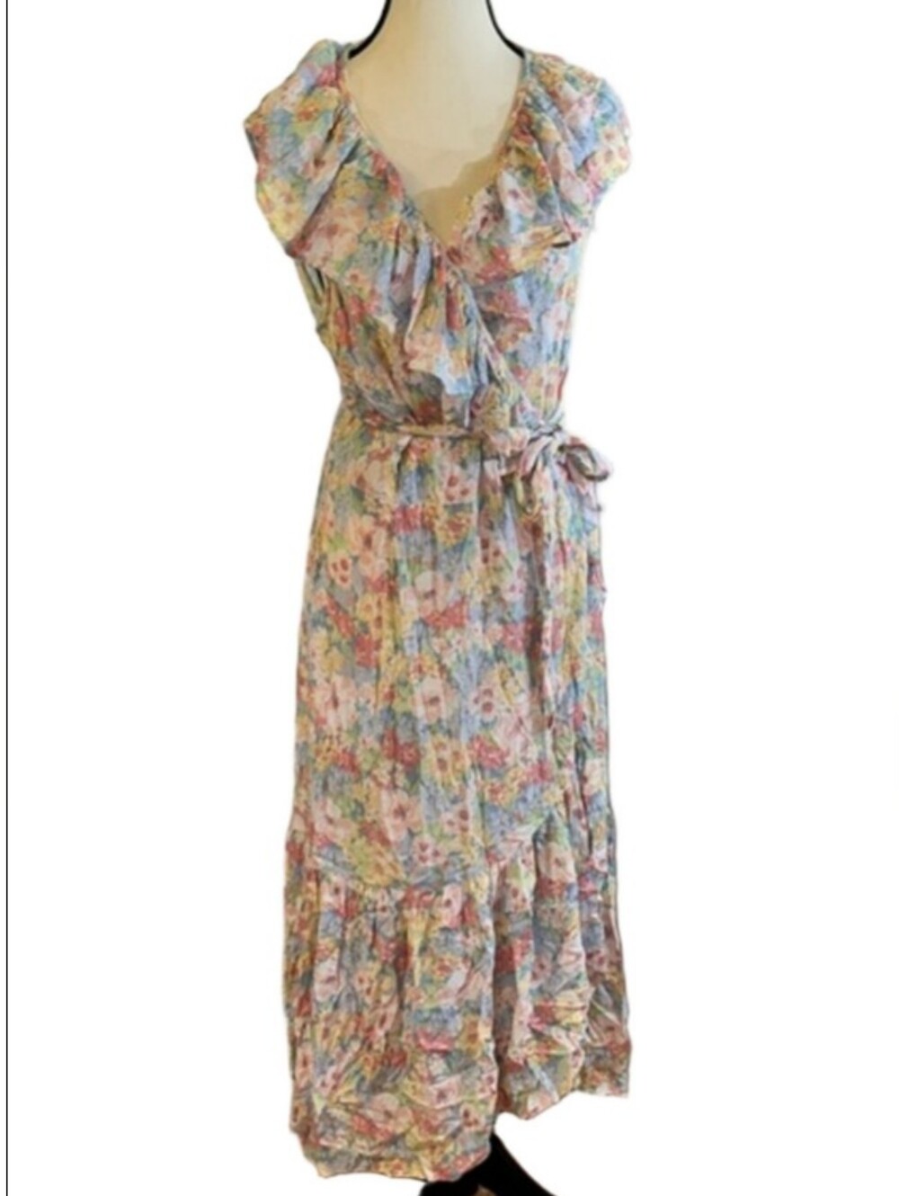 Jillian Harris Pastel Floral Wrap Ruffle Maxi Dress with Tie Waist Xs